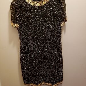 Vintage AJ Bari Beaded Sequin Silk Midi Dress Vintage Size 14 Black Gold